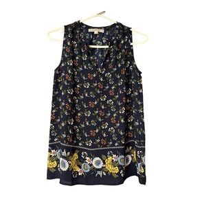 LOFT Floral Print Sleeveless Blouse Top XXS Navy Blue‎ Multicolor Career